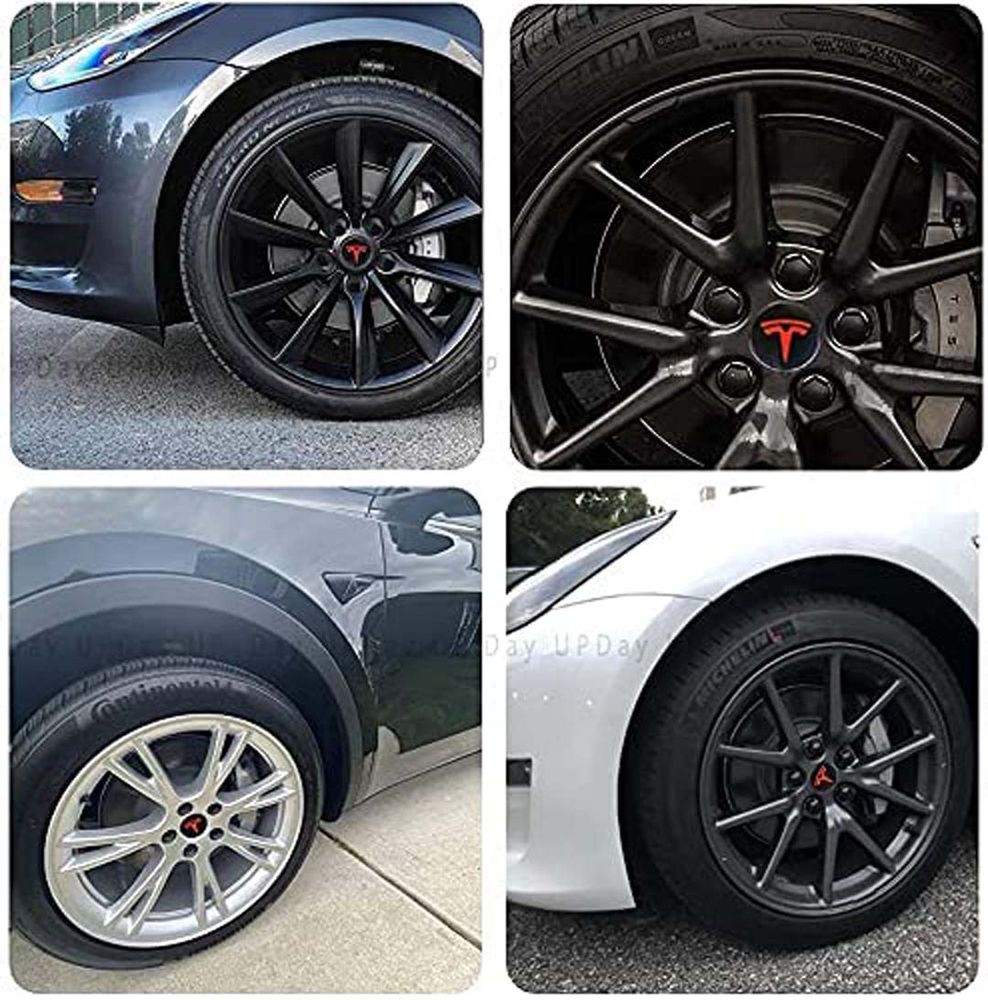 Tesla Model 3, S&X Wheel Center Hub Caps Kit (Black & Red Logo)