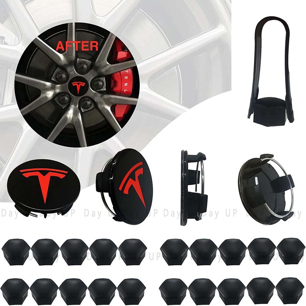 Tesla Model 3, S&X Wheel Center Hub Caps Kit (Black & Red Logo)