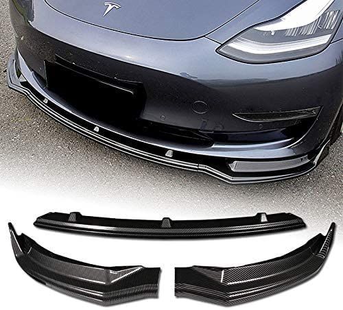 AuthEssentials-Front Lip for 2016-2020 Tesla Model 3, ABS Painted Carbon Fiber Coating Front Bumper Spoiler - 3pcs
