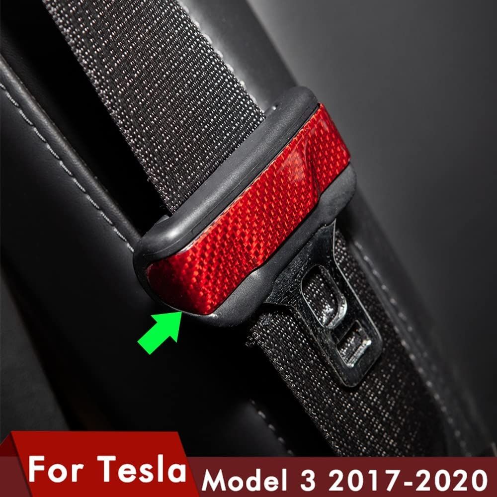 AuthEssentials 2 Pcs/Set for Tesla Model 3 Real Carbon Fiber Car Seat Safety Belt Buckle Protection Cover Model Three Accessories Model 3 (Red)