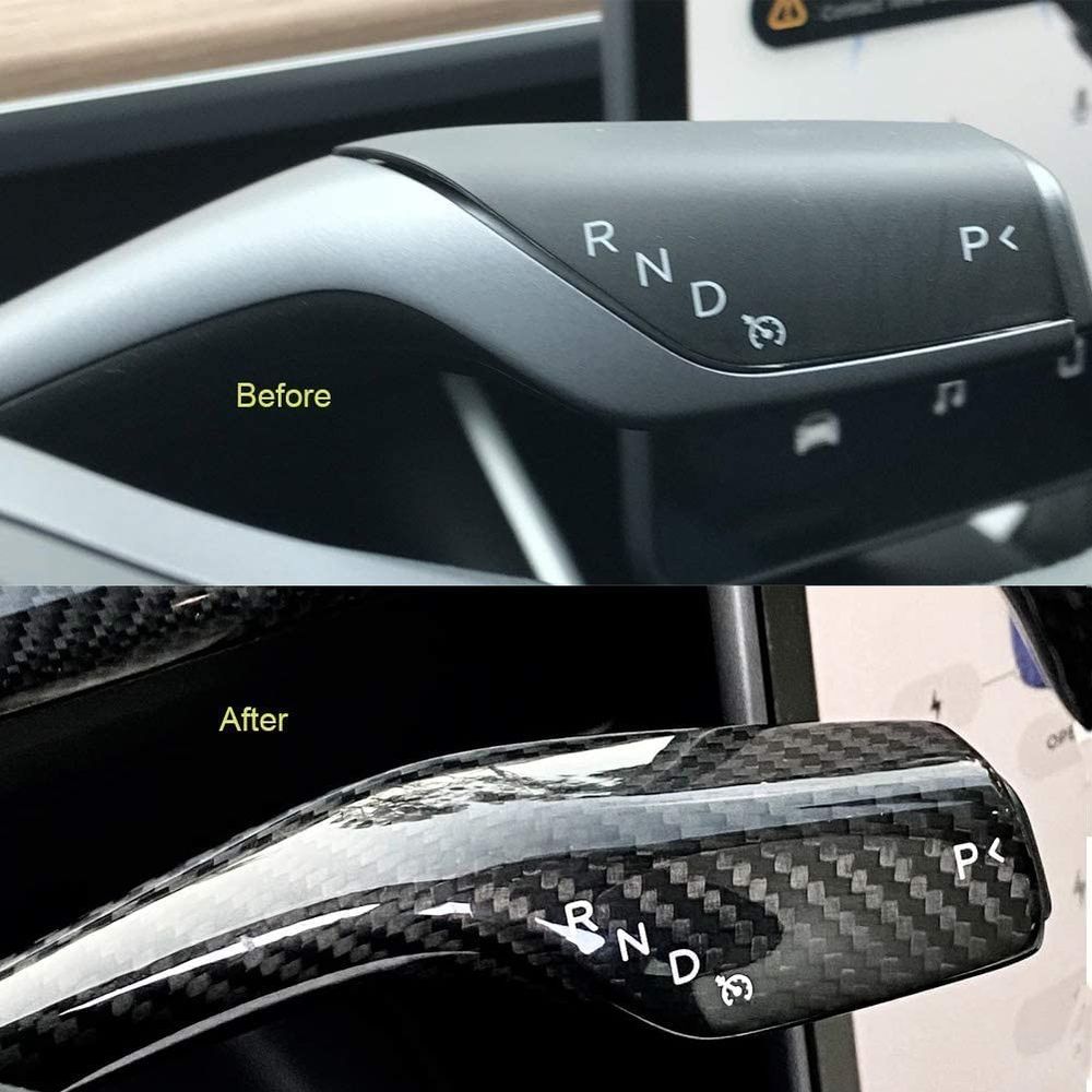 AuthEssentials-2021 Model 3 Model Y Column Gear Shift Cover Best Model 3 Steering Wheel Interior Protection Accessories Frame Patch ABS Material High Glossy Carbon Shiny Finish Surface (Shiny/ Glossy Surface)