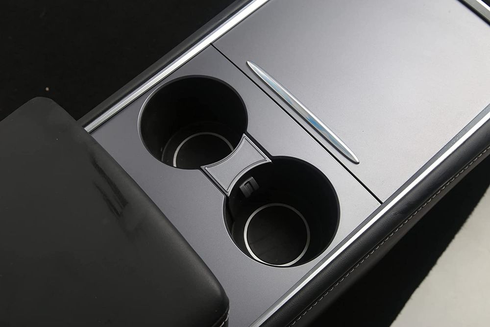 AuthEssentials-Cup Holder Limiter Insert for Tesl-a Model 3 and Model Y 2017-2020 Accessories, Water Cup Slot Stabilizer Clip Non-Slip Cup Holder Interior Trim Center Console Easy On Off (Silver Grey)