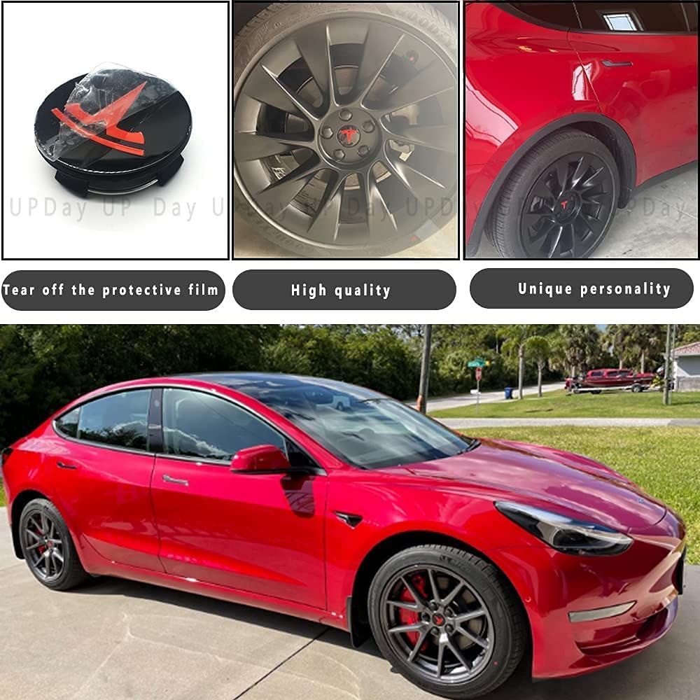 Tesla Model 3, S&X Wheel Center Hub Caps Kit (Black & Red Logo)