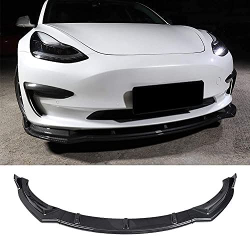 AuthEssentials-Front Lip for 2016-2020 Tesla Model 3, ABS Painted Carbon Fiber Coating Front Bumper Spoiler - 3pcs
