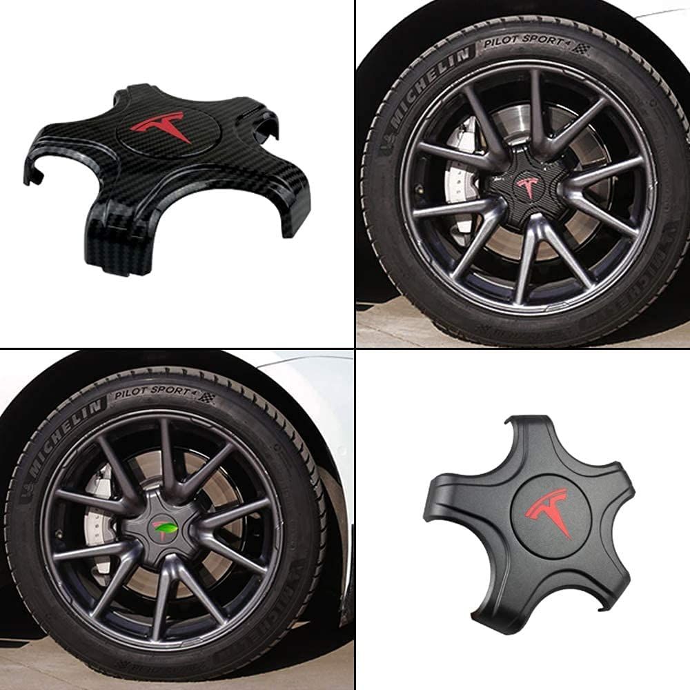 Tesla Model 3 Center Caps Hubcaps Cover[Carbon Fiber Print with Red T Logo]