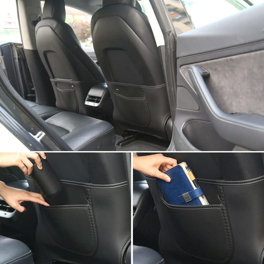 AuthEssentials Tesla Model 3 Model Y Model S LR/Plaid Leather Seat Back Kick Protectors Kick Mats Black Set of 2