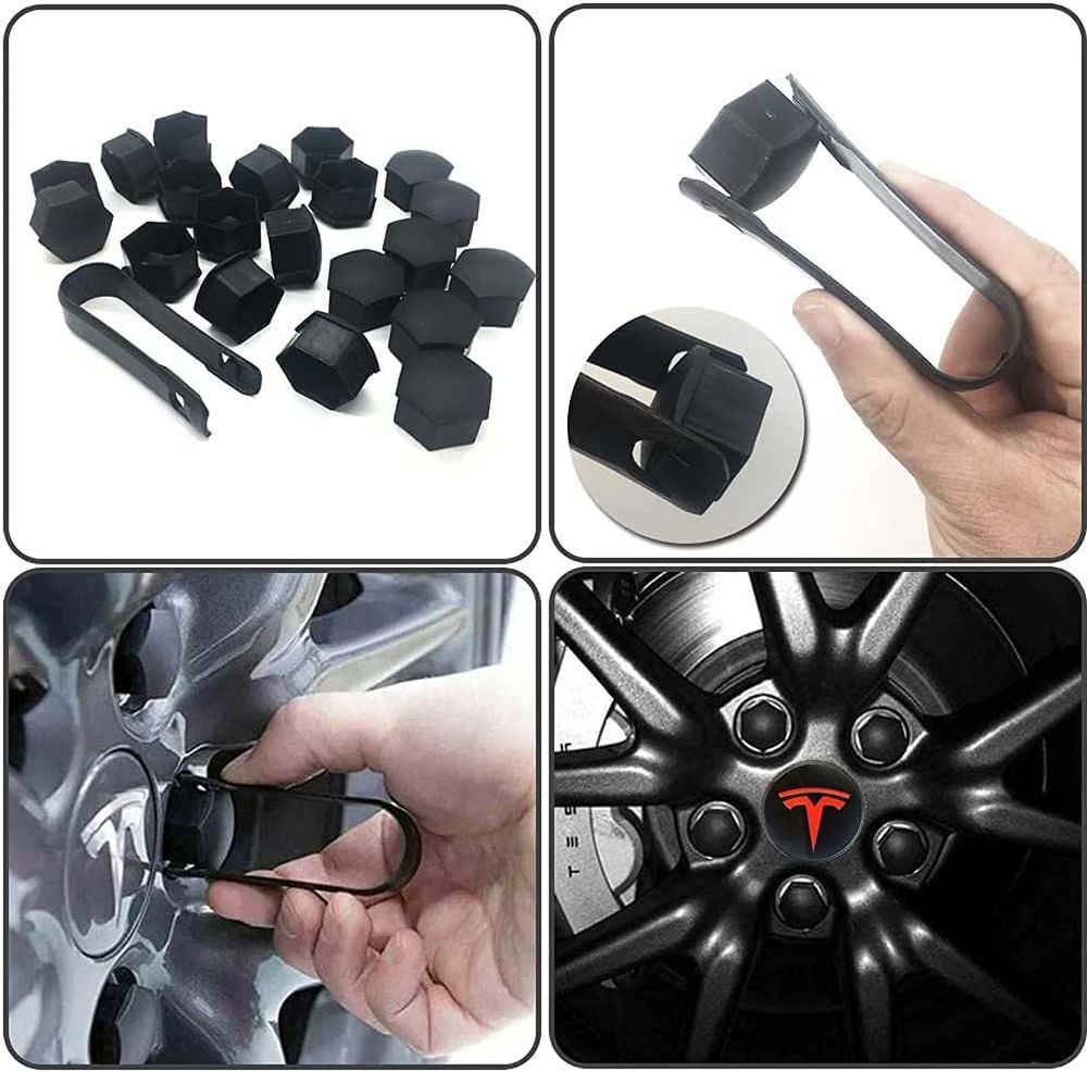 Tesla Model 3, S&X Wheel Center Hub Caps Kit (Black & Red Logo)