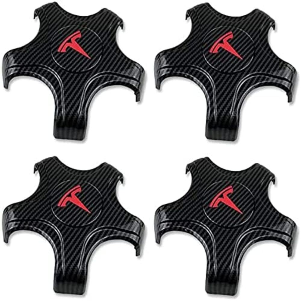 Tesla Model 3 Center Caps Hubcaps Cover[Carbon Fiber Print with Red T Logo]