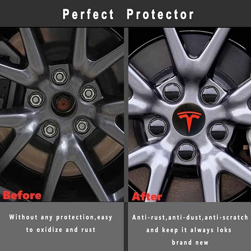 Tesla Model 3, S&X Wheel Center Hub Caps Kit (Black & Red Logo)