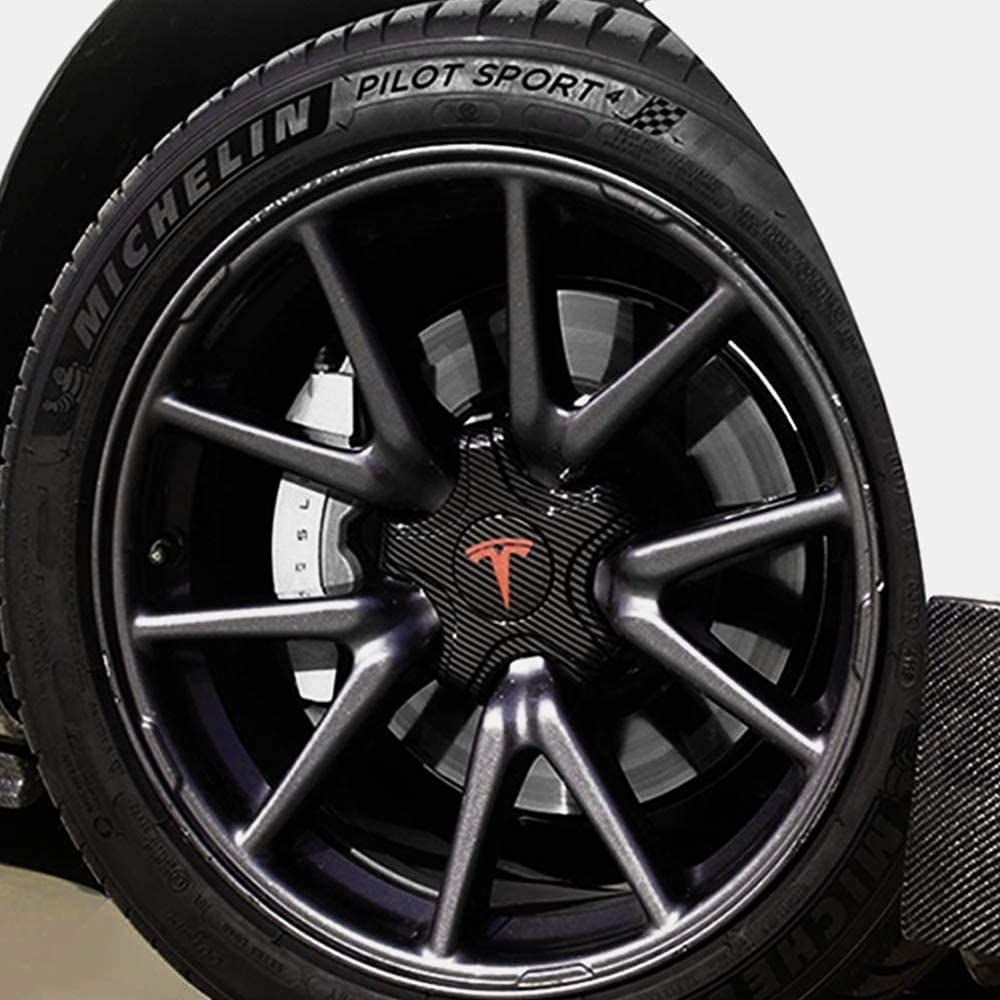 Tesla Model 3 Center Caps Hubcaps Cover[Carbon Fiber Print with Red T Logo]