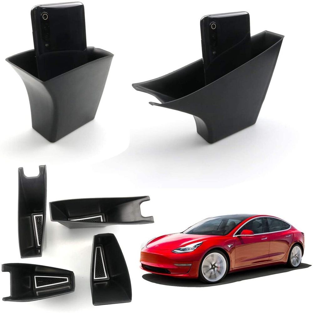AuthEssentials-Side Door Storage Box for Tesla Model 3 2018+ Tesla Model Y Car Front and Back Interior Door Pallets Armrest Container Box Cover Kit Trim Handle Pocket Armrest Phone Container (4PCS Combined)