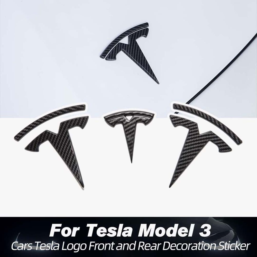 Tesla Model 3 Steering Wheel/Front Trunk/Rear Trunk Logo Cover  Badge Decals 3Pcs/Set (Matt Carbon Fibre Pattern)