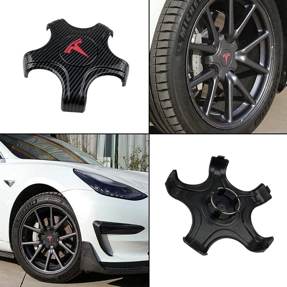 Tesla Model 3 Center Caps Hubcaps Cover[Carbon Fiber Print with Red T Logo]