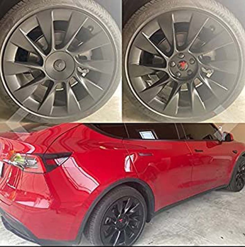 Tesla Model 3, S&X Wheel Center Hub Caps Kit (Black & Red Logo)
